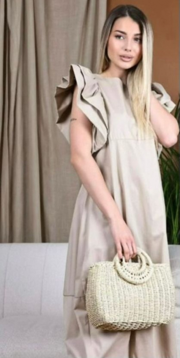 Rochie lalea bej din poplin , cu maneci bufante ample