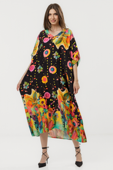 Rochie maxi A-line din vascoza si matase, cu imprimeu artistic si croiala lejera