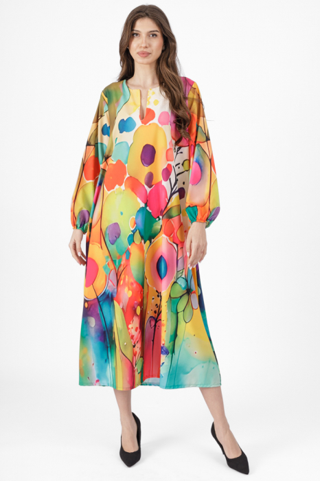 Rochie lunga A-line cu imprimeu floral multicolor cu maneca lunga cu elastic