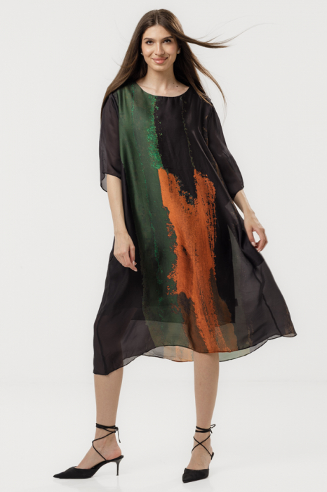 Rochie A-line din material satinat tip matase cu imprimeu tuse picturale abstracte negru-verde-oranj