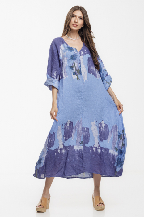 Rochie lunga A-line oversize, din in, albastra, cu imprimeu abstract