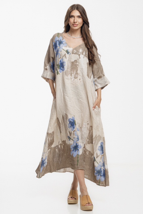Rochie lunga A-line oversize, din in, bej, cu imprimeu abstract - Copie