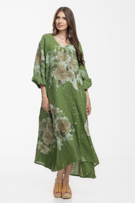 Rochie lunga A-line oversize, din in, verde cu imprimeu abstract
