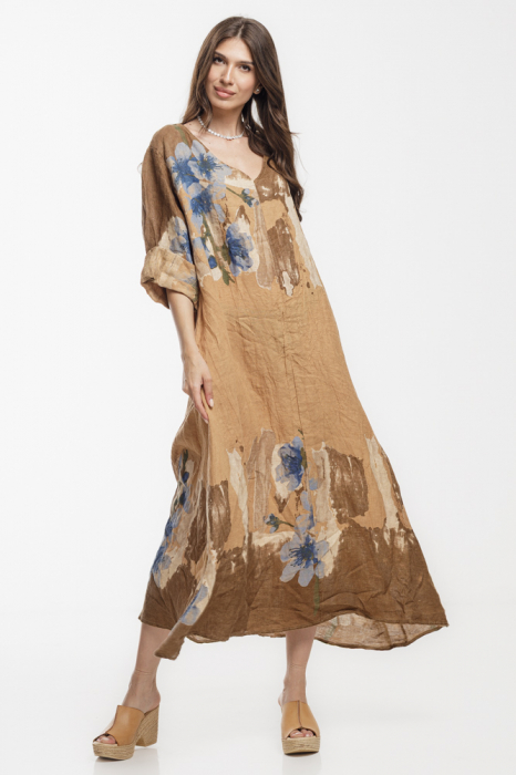 Rochie lunga A-line oversize, din in, camel, cu imprimeu abstract