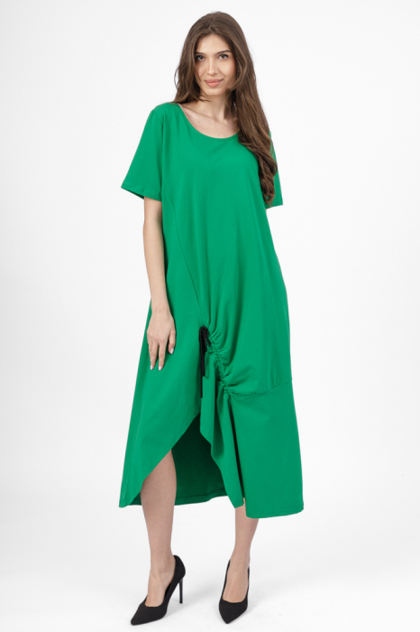 Rochie lunga A-line verde, din tricot de bumbac cu siret la poale