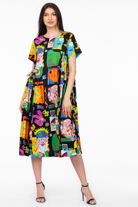 Rochie lunga cu sireturi in talie si imprimeu multicolor abstract , din poplin de bumbac