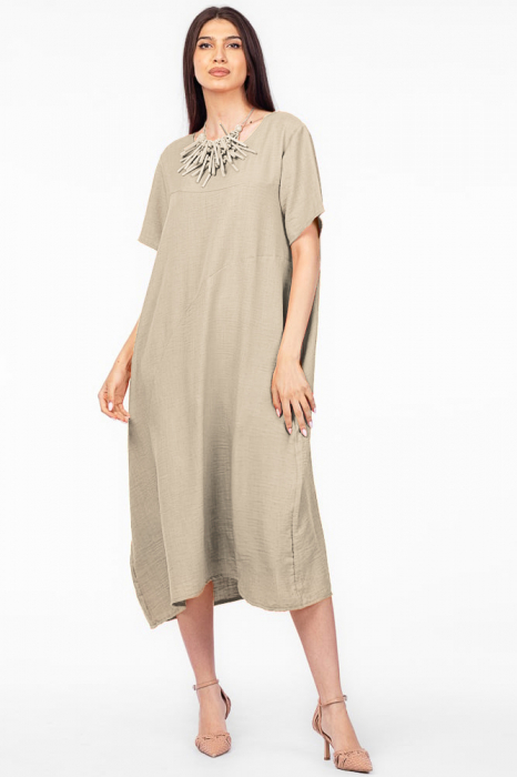 Rochie lunga bej din in mercerizat, marime oversize