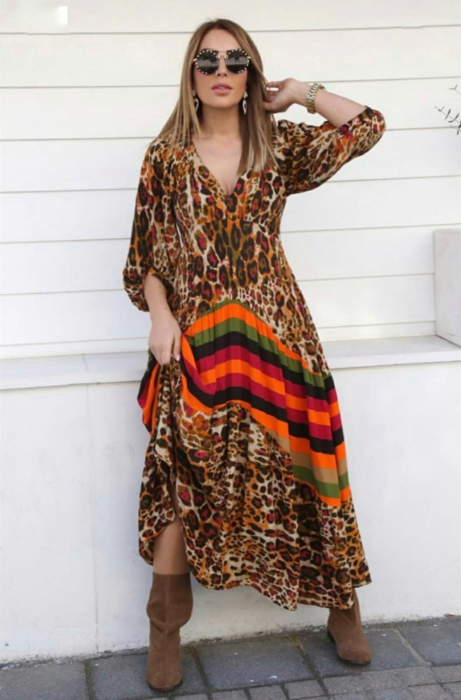 Rochie lunga cu imprimeu animal print si dungi din vascoza