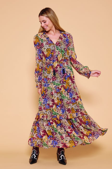 Rochie lunga cu volane si imprimeu floral in nuante de toamna