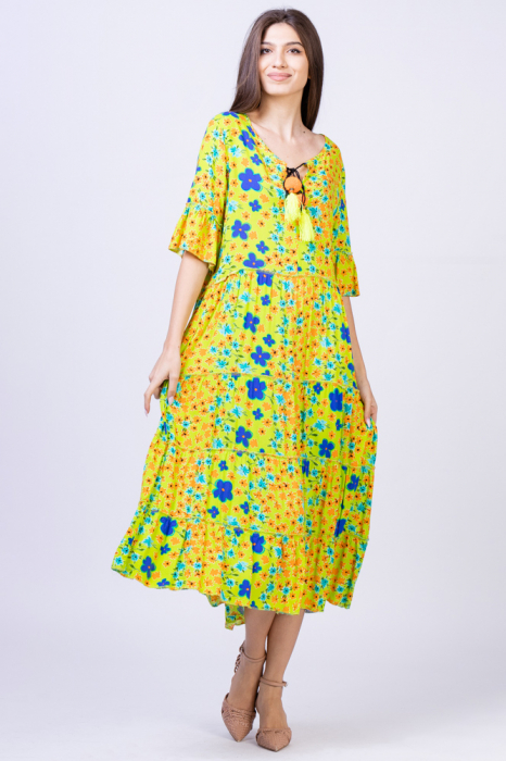 Rochie lunga lime cu imprimeu floral multicolor, din vascoza din imagine noua 2022