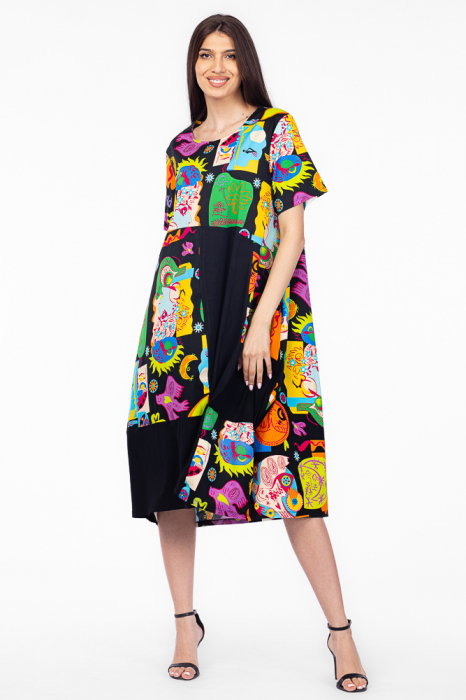 Rochie lunga lalea cu imprimeu multicolor abstract, din poplin de bumbac