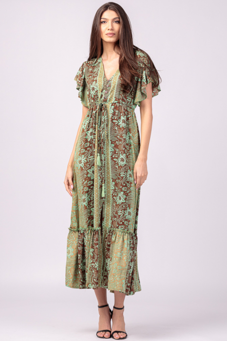 Rochie lunga cu volan si imprimeu floral, din matase indiana verde menta - maro