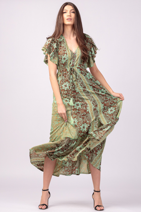 Rochie lunga cu volan si imprimeu floral, din matase indiana verde menta - maro