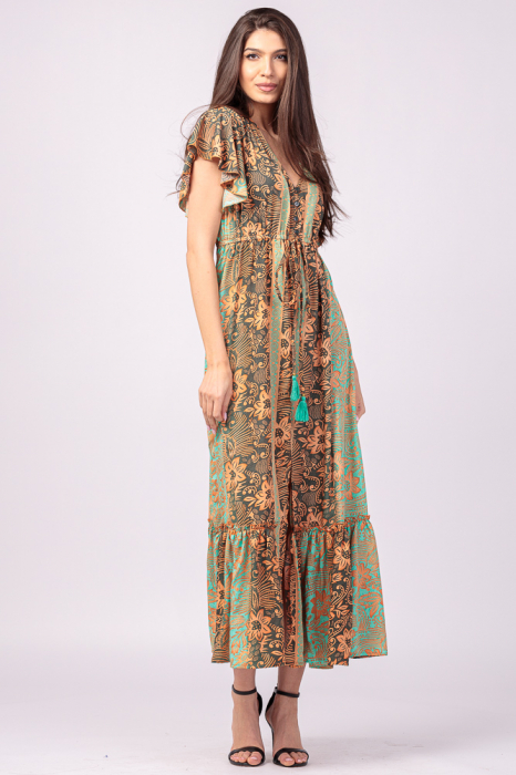 Rochie lunga cu volan si imprimeu floral, din matase indiana verde menta - portocaliu