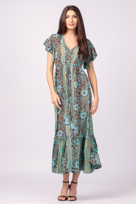 Rochie lunga cu volan si imprimeu floral, din matase indiana turcoaz- maro