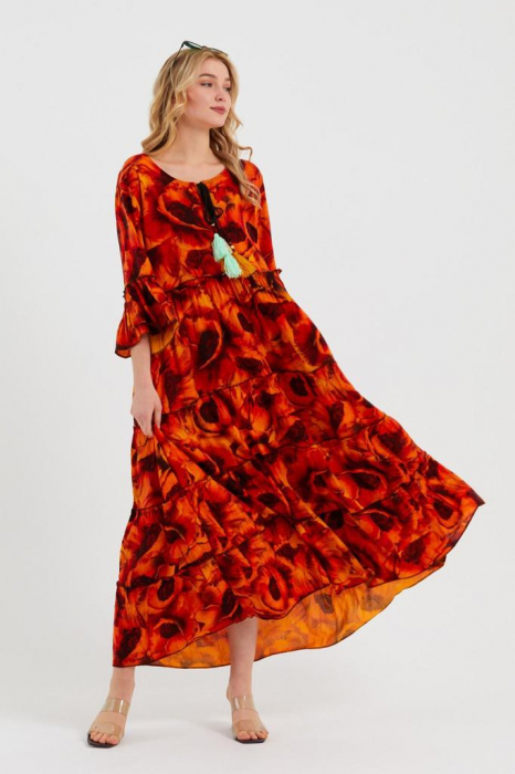 Rochie lunga cu volane si imprimeu 3d floral orange, din vascoza