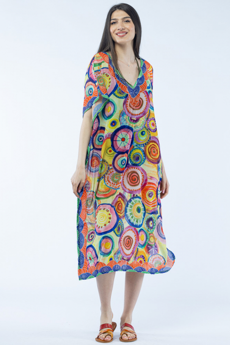 Rochie lunga de plaja tip poncho cu imprimeu mandale multicolore