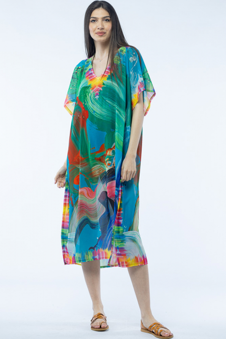 Rochie lunga de plaja tip poncho cu imprimeu pensulat multicolor