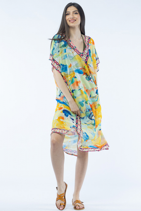Rochie lunga de plaja tip poncho cu imprimeu acuarela multicolora