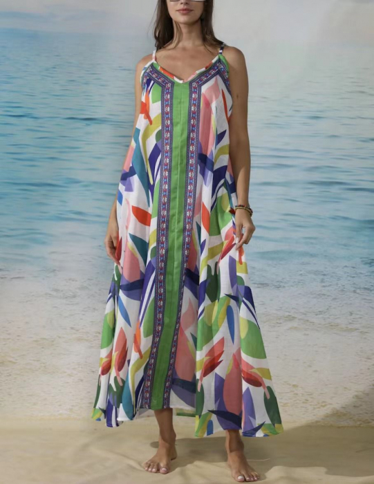 Rochie lunga de vara din vascoza si bumbac, cu imprimeu geometric multicolor