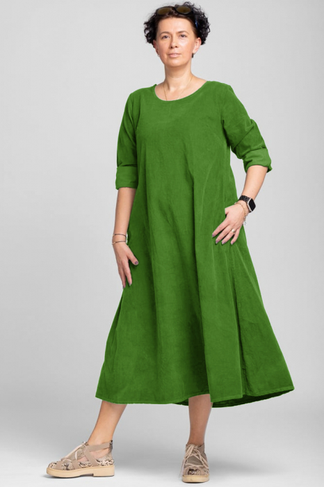 Rochie lunga din catifea reiata, A-line, verde oliv