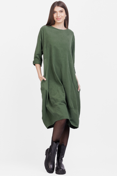 Rochie lalea din catifea reiata si tricot de bumbac, verde inchis