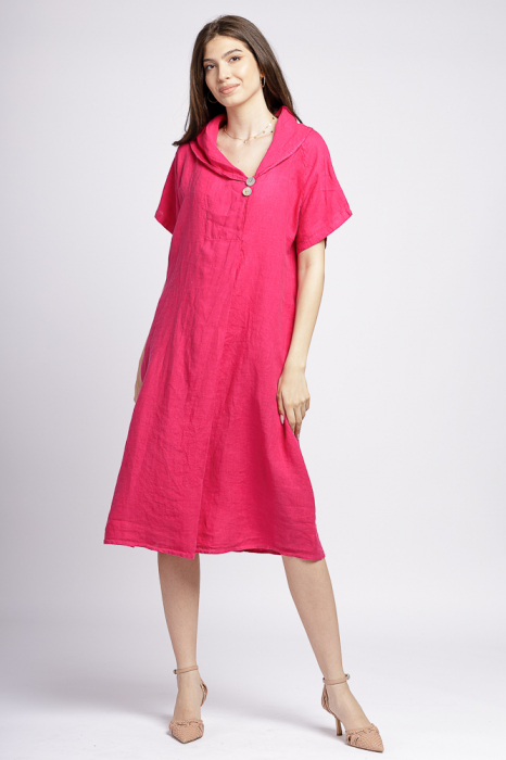 Rochie fucsia din in cu guler si nasturi pe decolteu