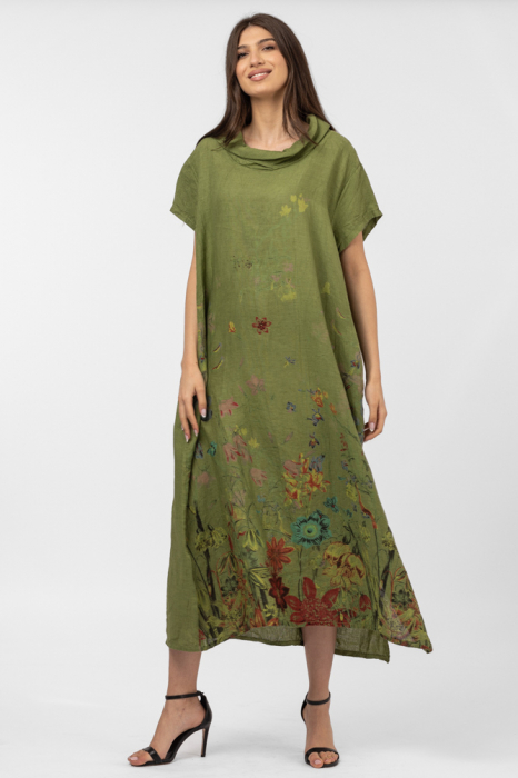 Rochie lunga din in cu guler intors si imprimeu pictural floral pe fond verde olive