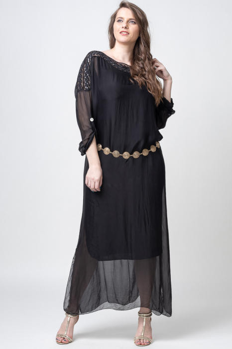 Rochie lunga din matase cu bordura dantela si paiete, neagra