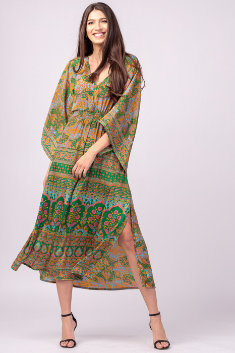Rochie lunga din matase indiana cu maneca ampla si imprimeu arabesque verde-mustar