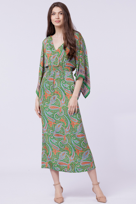 Rochie lunga din matase indiana cu maneca ampla si imprimeu arabesque verde-corai