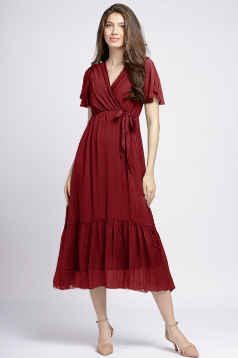Rochie lunga din matase naturala cu bust petrecut, bordo