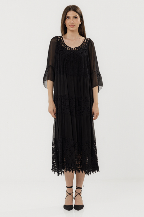 Rochie lunga din matase naturala cu detalii din dantela, neagra
