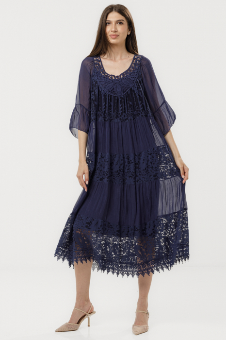 Rochie lunga din matase naturala cu detalii din dantela, bleumarin