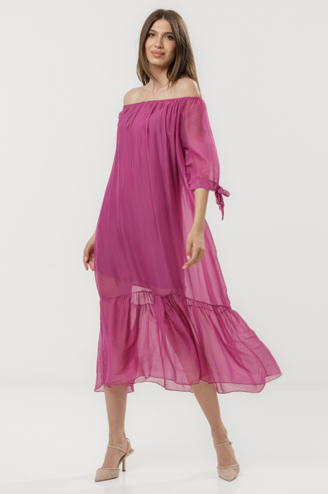 Rochie din matase naturala cu detalii feminine si croiala lejera, magenta
