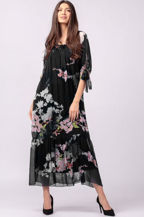 Rochie lunga din matase naturala, cu imprimeu flori de cires pe fond negru