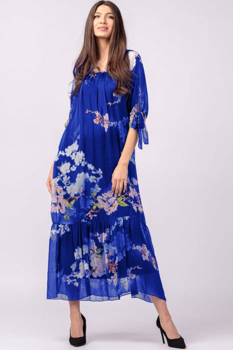 Rochie lunga din matase naturala, cu imprimeu flori de cires pe albastru