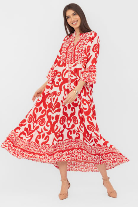 Rochie lunga din vascoza cu imprimeu alb-rosu si volane
