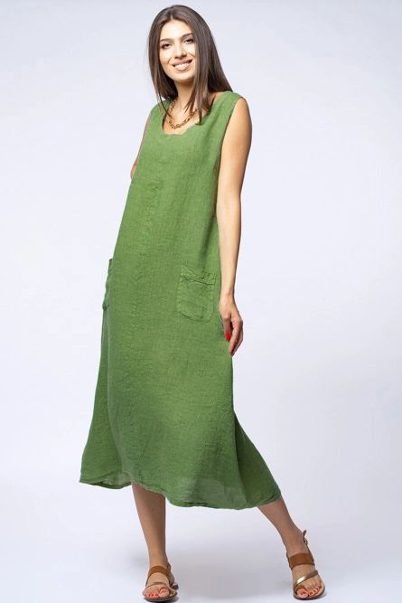 Rochie lunga in colturi, din in verde olive cu nasture pe spate