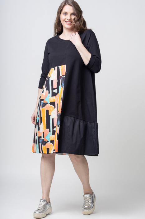 Rochie din tricot si poplin, cu imprimeu