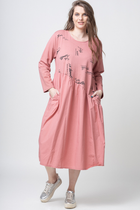 Rochie roz inchis din tricot si poplin, cu talie oblica