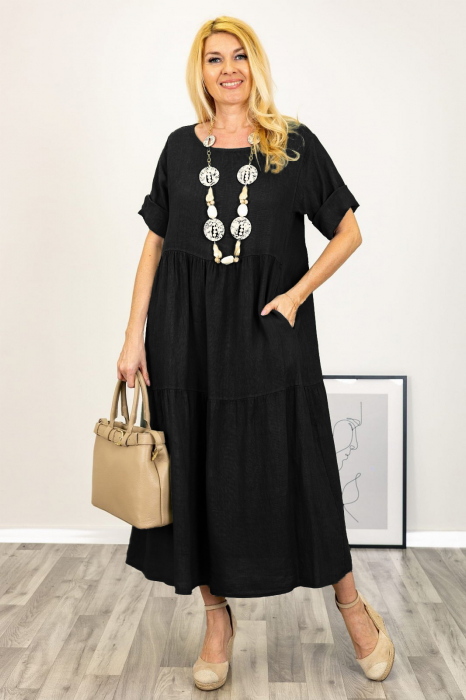Rochie lunga oversize din in, cu volane, neagra