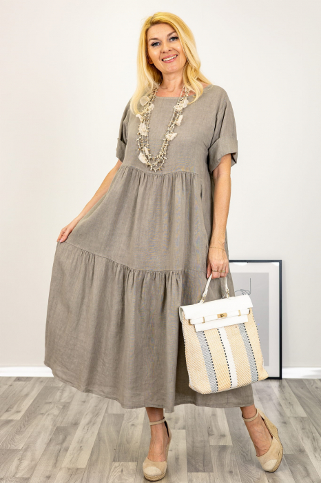 Rochie lunga oversize din in, cu volane, bej inchis