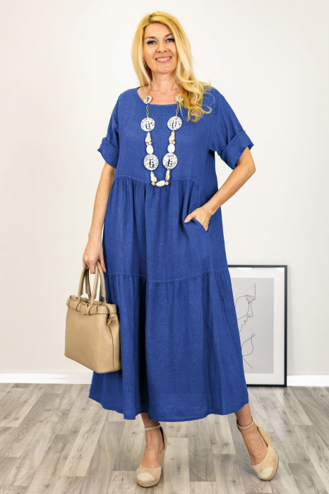 Rochie lunga oversize din in, cu volane, albastra