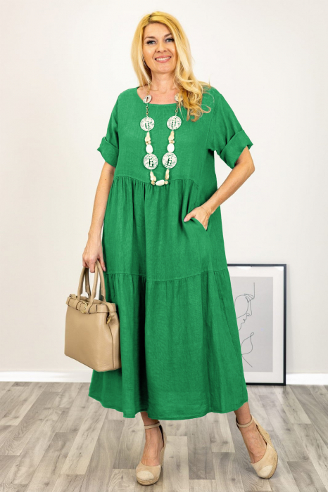 Rochie lunga oversize din in, cu volane, verde