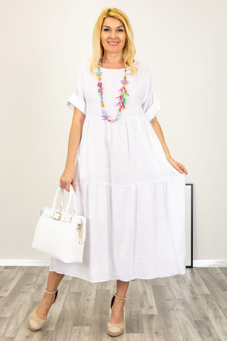 Rochie lunga oversize din in, cu volane, alba