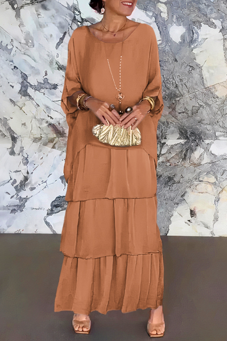 Rochie lunga suprapusa din matase naturala, cu trei volane mari si maneca cazuta, camel