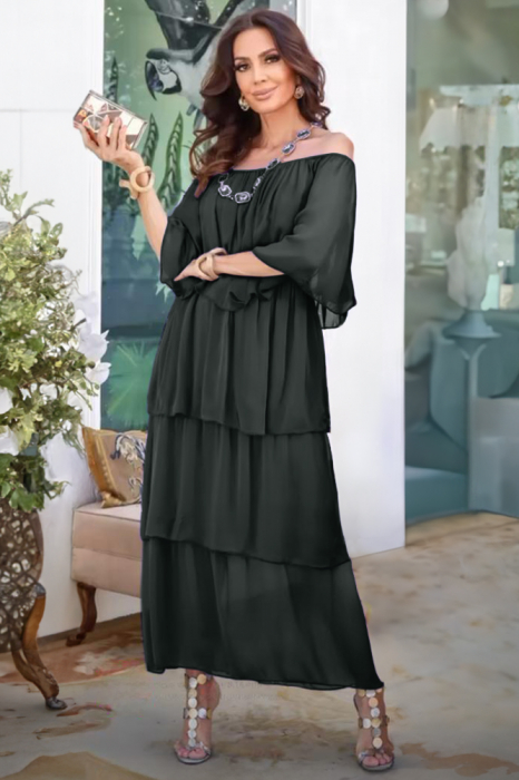 Rochie lunga suprapusa din matase si vascoza, cu trei volane mari si elastic pe umeri, gri inchis