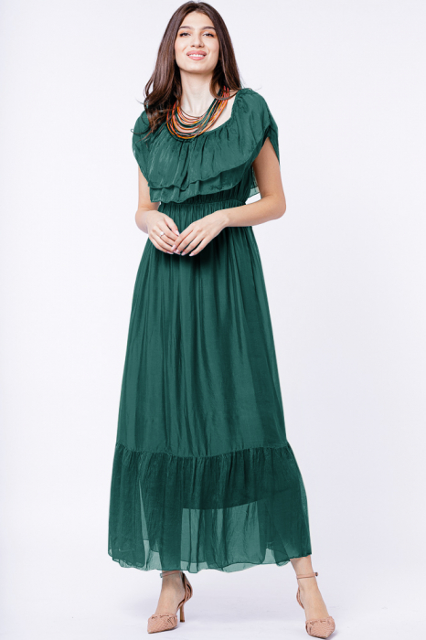 Rochie lunga, verde inchis, din matase naturala, cu volan pe umeri