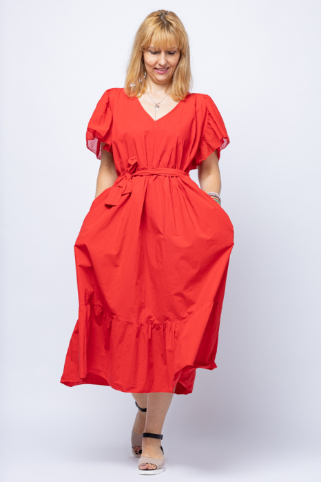 Rochie lunga uni stella milani, rosie, cu doua volane si volanas la maneca, din tesatura fina din bumbac